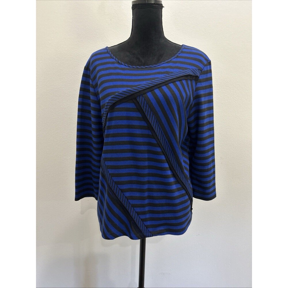 Ruby Rd Favorites Womens Sz L Top Blue With Black Stripes Round Neck 3/4 Sleeve